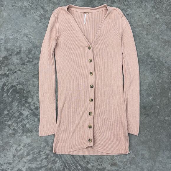 Free People Pink Ribbed Long Cardigan Sweater Medium Button Cashmere Silk Cotton - Picture 1 of 9
